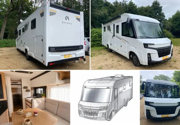 Vue extérieure et intérieure d'un camping-car Bavaria. Le visuel inclut un croquis technique, idéal pour une fiche technique camping-car Pilote.