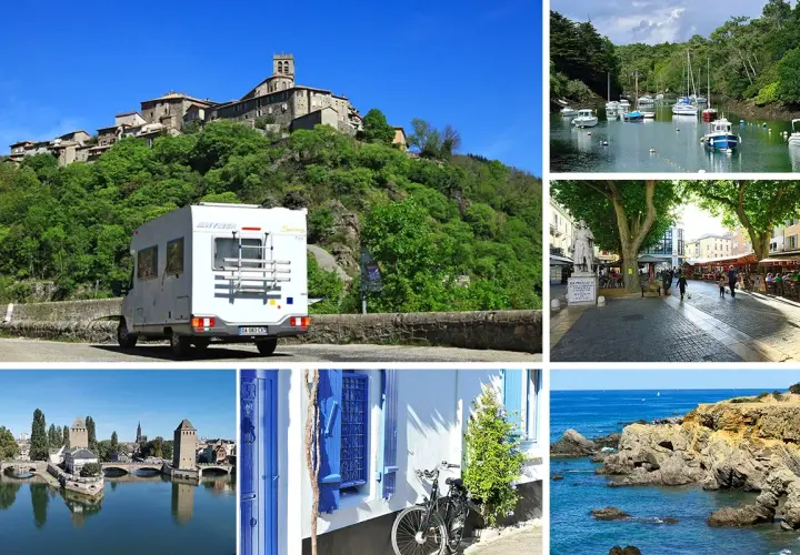 Un camping-car blanc devant un village perché, un port de plaisance, une place animée, Strasbourg et une côte rocheuse. Des images pour les plus beaux circuits camping-car.