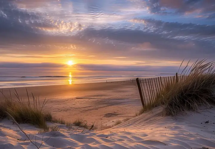Coucher de soleil sur la plage de l'Île d'Oléron, avec des dunes de sable, des herbes folles et un ciel aux couleurs chaudes.