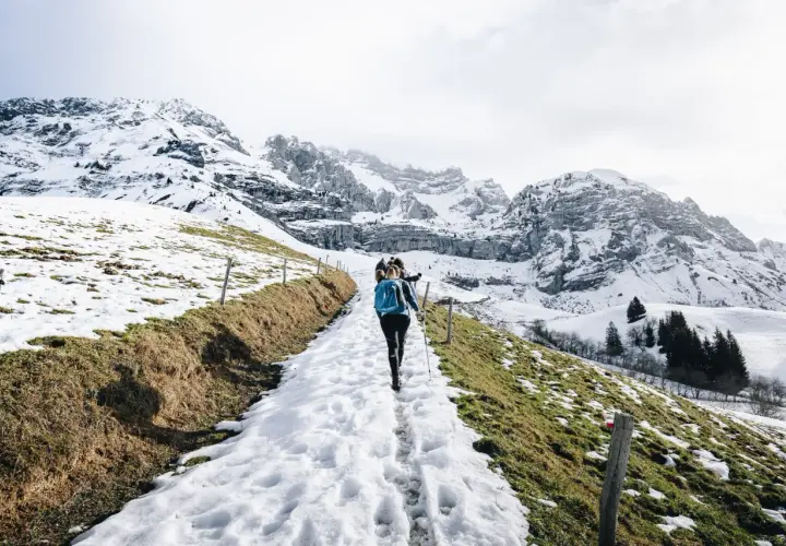Une randonnée ce week-end dans un paysage montagneux enneigé. Des randonneurs suivent un sentier bordé de clôtures en bois, avec des sommets imposants en arrière-plan.