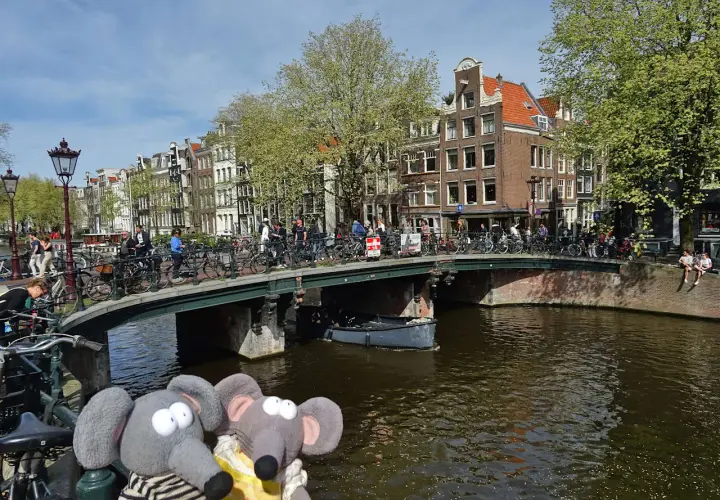 Deux peluches éléphants profitent des activités à découvrir à Amsterdam : un pont animé, des canaux et des maisons typiques.