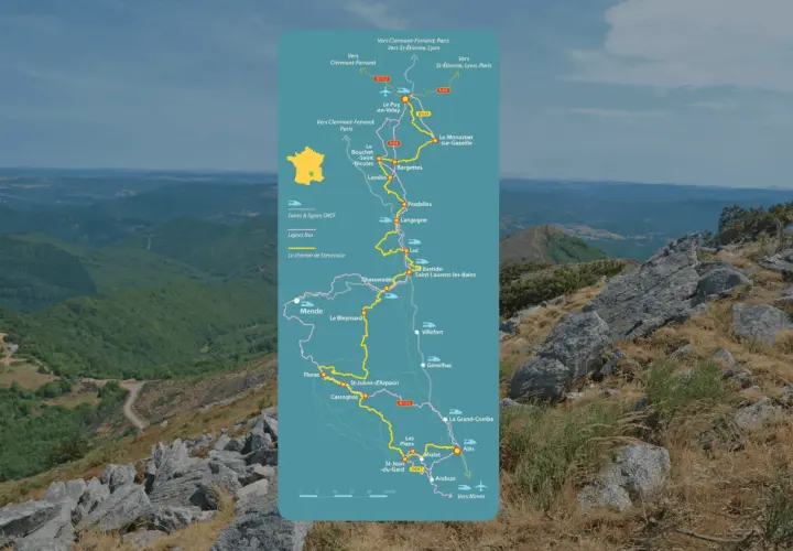 Carte du chemin de Stevenson, un itinéraire de randonnée de 4 jours à travers la France, avec les gares et lignes de bus.