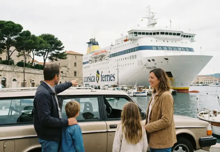 Famille devant un ferry Corsica Ferries, discutant du prix du ferry Corse pour camping-car.