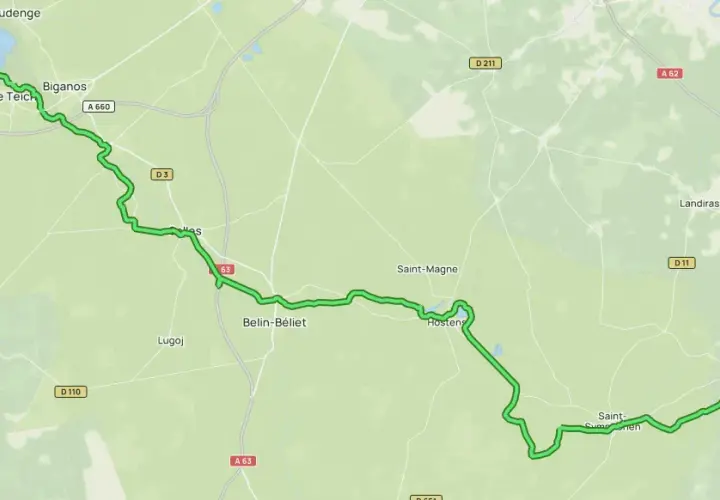 Carte d'un parcours cyclable, le gr 6, traversant des forêts et des villages comme La Teste-de-Buch, Belin-Béliet et Barsac.