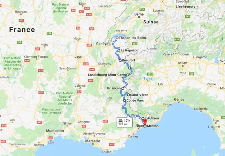 Carte de la route des Grandes Alpes en voiture, de Thonon-les-Bains à Menton, traversant la Suisse et l'Italie. 721 km, 17h de trajet.