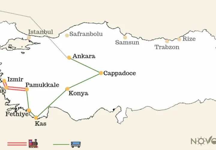 Carte des destinations clés pour le tourisme en Turquie : Istanbul, Cappadoce, Pamukkale, et la côte. Idéal pour planifier votre voyage.