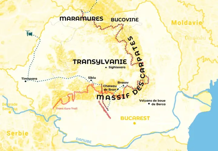 Carte de la Roumanie montrant les Carpates, la Transylvanie, Maramures, Bucovine, et des villes comme Bucarest. Idéal pour visiter la Roumanie.