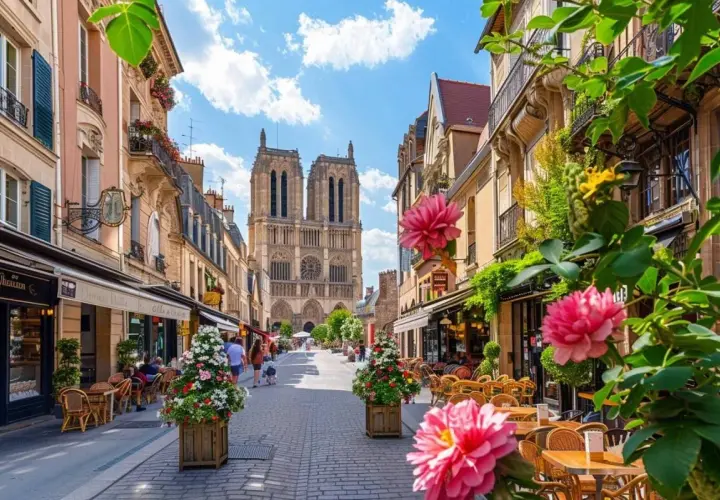 Rue animée de Laon, menant à la cathédrale. Tables de café fleuries, ambiance estivale.