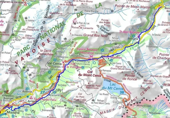 Carte IGN de la Maurienne, montrant le parcours de l'étape GR5, avec des cols, glaciers et sommets.