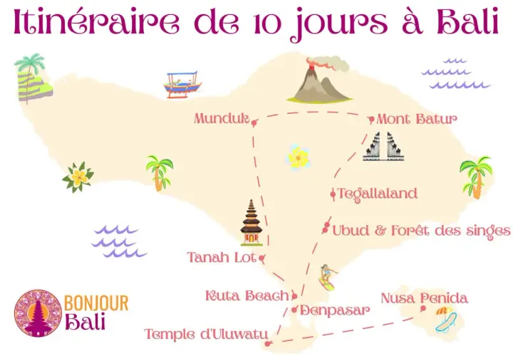 Carte de Bali indiquant les lieux à visiter : Mont Batur, Ubud, Kuta Beach, Tanah Lot. Idéal pour savoir que faire à Bali.