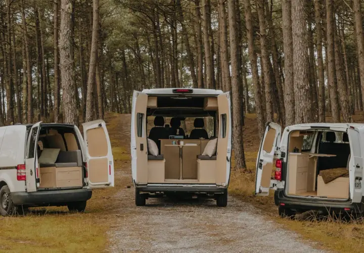 Trois camping-cars aménagés, dont un dimension camping-car 4 places, garés dans une forêt.