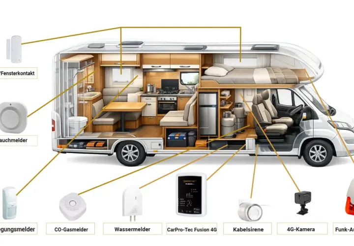 Schéma d'un camping-car illustrant les composants de sécurité : contact porte/fenêtre, détecteur de fumée, détecteur de mouvement, détecteur CO, détecteur d'eau, caméra 4G, sirène. Sécurité camping car assurée.
