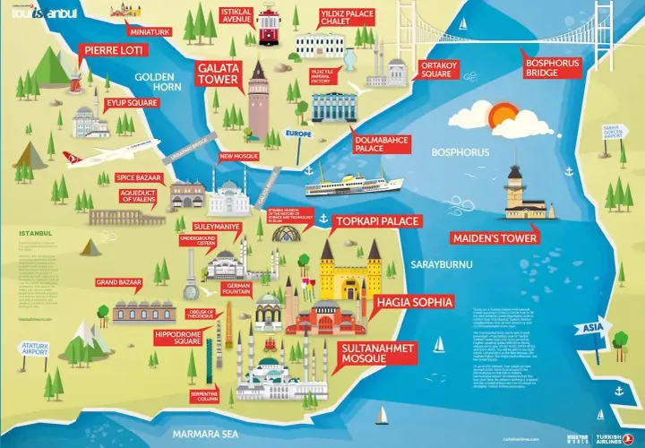 Carte d'Istanbul : découvrez que faire à Istanbul, entre mosquées, palais et Bosphore.
