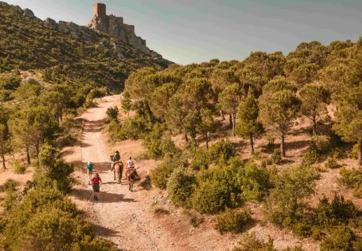 Randonneurs et cavaliers sur le sentier cathare GR 367, menant vers un château perché sur la montagne. Paysage aride et boisé.