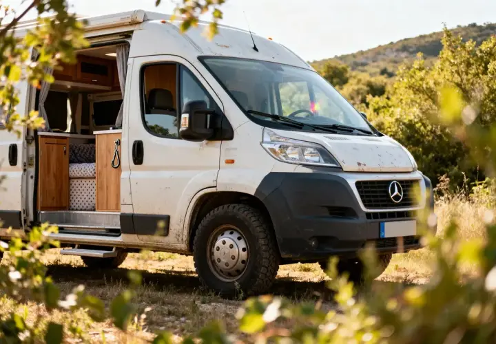 Un camping-car blanc, prêt pour l'aventure, avec sa porte ouverte révélant un intérieur cosy. Ce véhicule de marque camping car est garé en pleine nature.