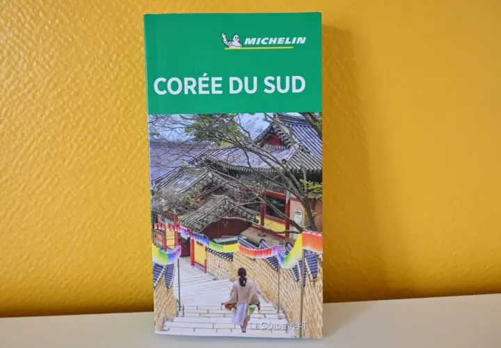 Guide Michelin "Corée du Sud" pour le voyageur en camping-car. Une jeune femme monte un escalier bordé de lanternes colorées.