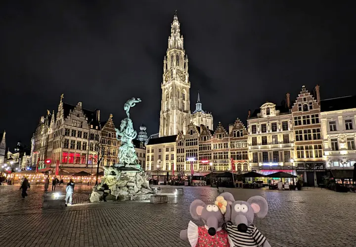 Deux souris en peluche posent devant la cathédrale d'Anvers illuminée la nuit, un moment parfait pour visiter Anvers.