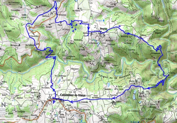Carte d'une randonnée à travers les Gorges de la Daronne, avec un sentier bleu serpentant entre villages et reliefs.