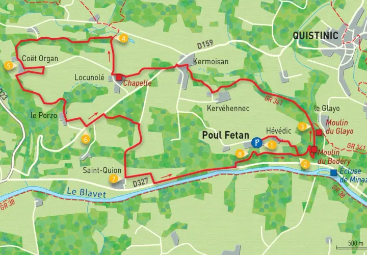 Carte de randonnée de Poul Fetan, avec un itinéraire balisé en rouge traversant des lieux-dits, des moulins et le Blavet.