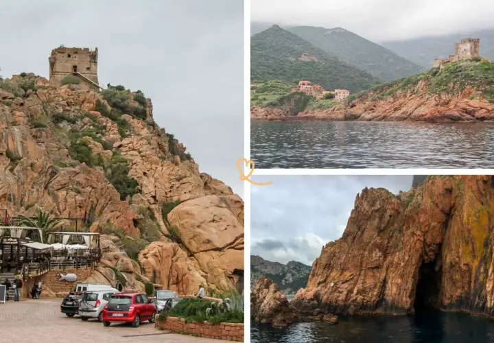Vue de la tour génoise et des roches rouges spectaculaires de Porto Corse. La mer calme reflète le ciel couvert.