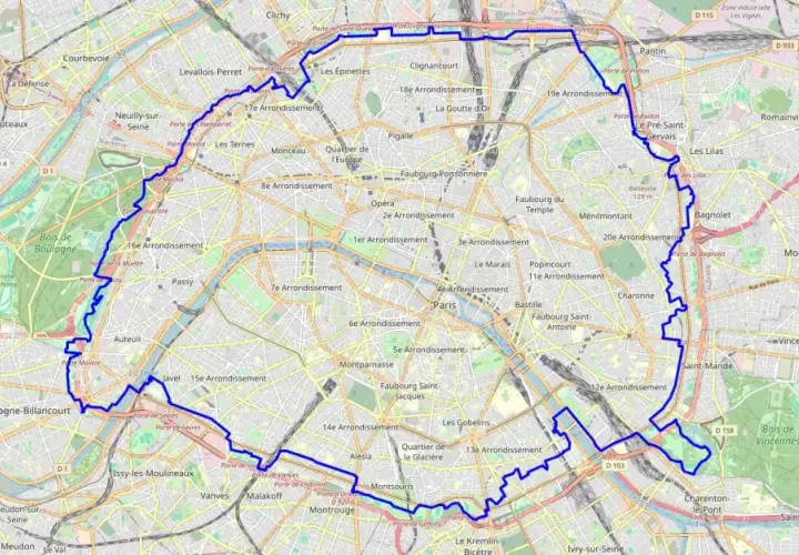 Carte de Paris délimitant un périmètre bleu, incluant le Bois de Boulogne et le Bois de Vincennes. La gr 75 est visible.