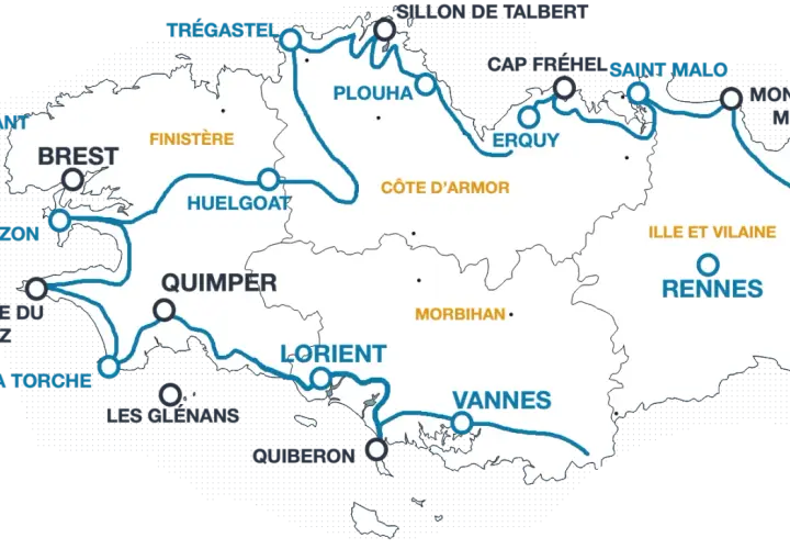 Carte des routes touristiques en Bretagne, idéale pour un voyage en camping-car. Découvrez Brest, Quimper, Rennes, Saint-Malo et le Mont Saint-Michel.