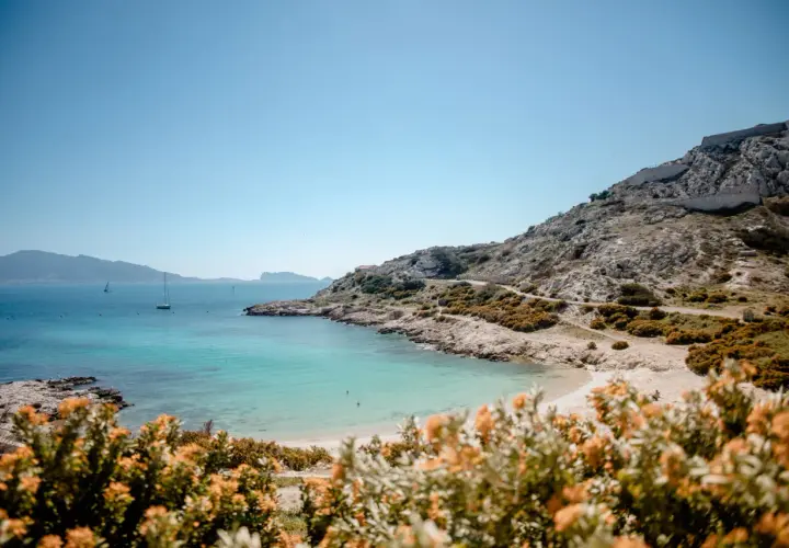 Vue panoramique d'une crique aux eaux turquoise sur la plage frioul, avec des voiliers au loin et des collines rocheuses.