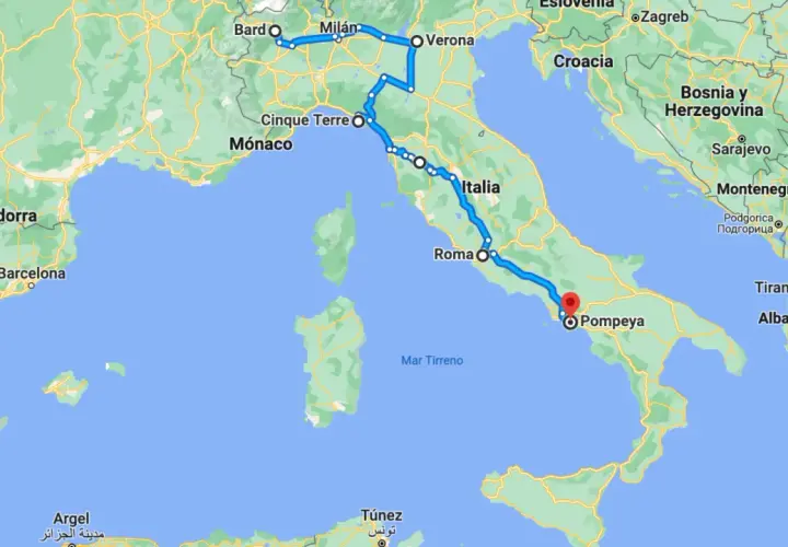 Carte d'un circuit camping-car en Italie du Nord, passant par Bard, Milan, Vérone, Cinque Terre, Rome et Pompéi.
