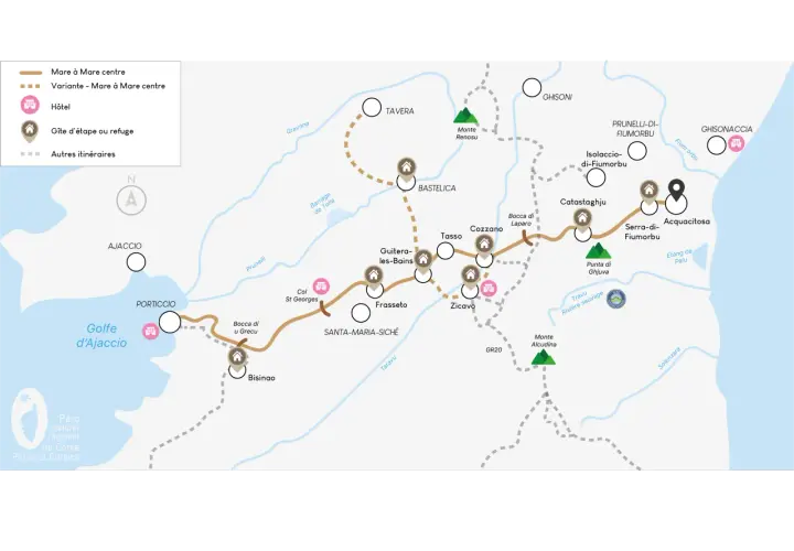 Carte du sentier Mare à Mare centre en Corse, reliant Ajaccio à Ghisonaccia, avec des gîtes et hôtels.