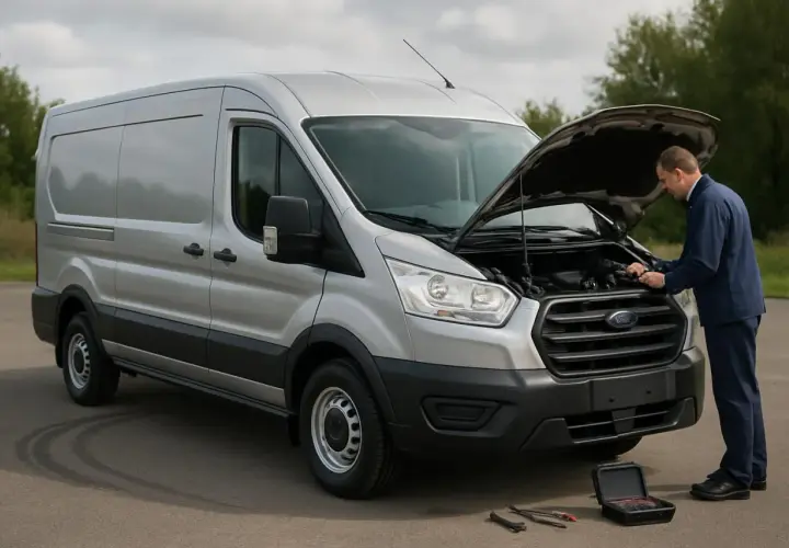Un mécanicien vérifie le moteur d'un Ford Transit 2.0 TDCI 170 ch, symbolisant sa fiabilité. Outils et boîte à outils à proximité.