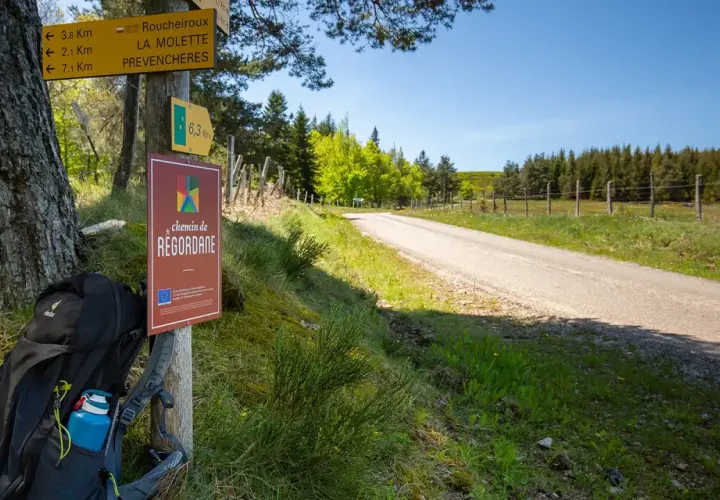 Sac à dos prêt pour l'aventure sur le chemin de Regordane. Panneaux indicateurs et route s'étendent sous un ciel bleu.