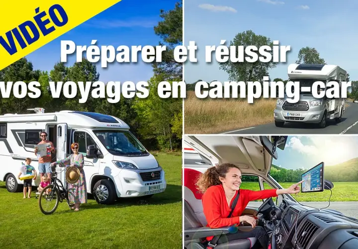 Une famille prépare son voyage en camping-car. Une femme utilise le GPS dans le véhicule.