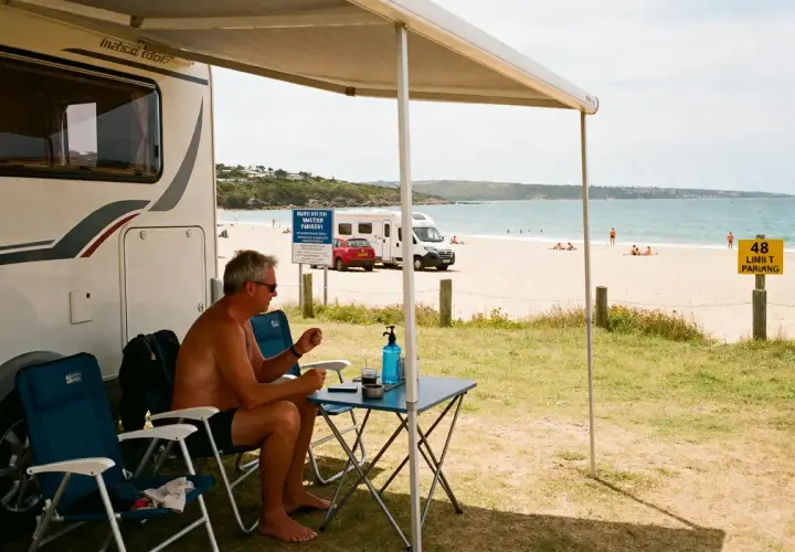 Un homme profite de son camping-car naturiste au bord de la plage, avec la mer et d'autres campeurs en arrière-plan.