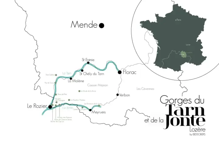 Carte des Gorges du Tarn et de la Jonte, montrant les villages, points d'intérêt et la région Lozère en France.