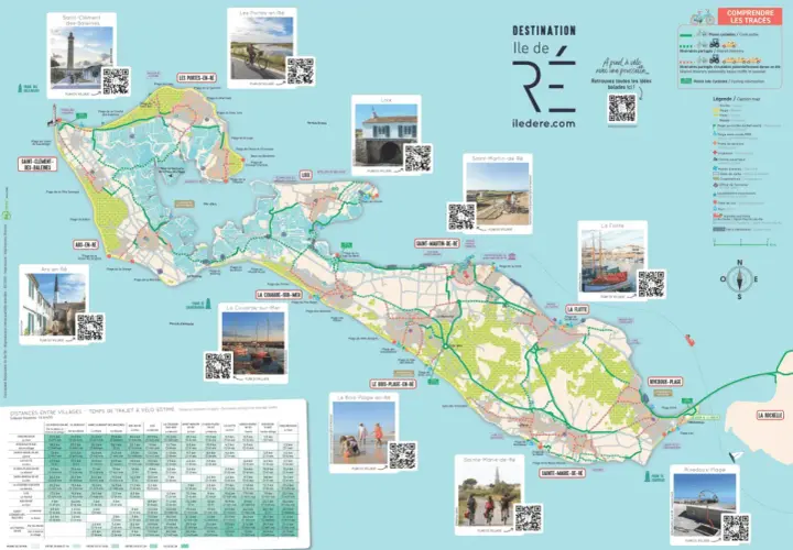Carte de l'Île de Ré avec pistes cyclables, villages et légendes pour savoir que faire à l'Île de Ré à vélo ou à pied.