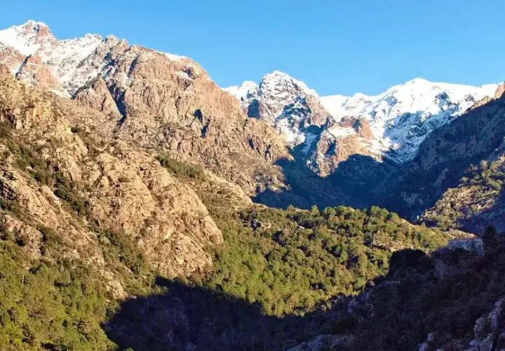 Vue spectaculaire de **mare e monti** : des montagnes enneigées surplombent une vallée verdoyante, avec un soleil éclatant illuminant le paysage.