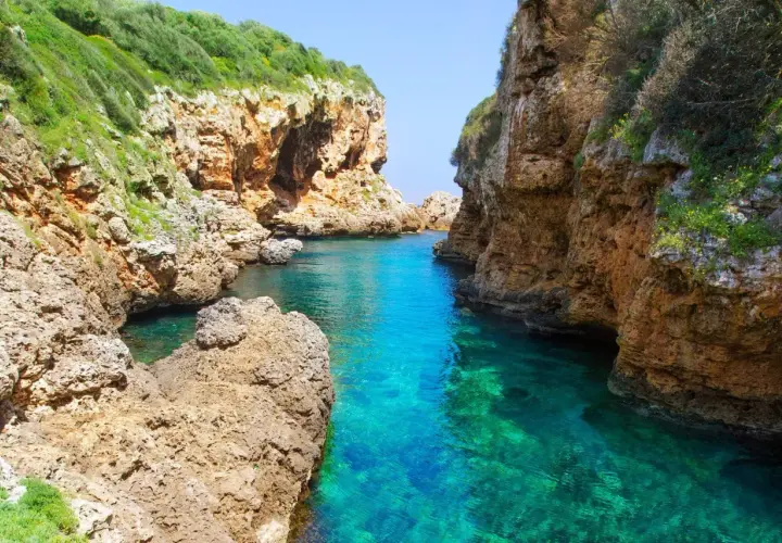 Magnifique paysage minorquin : criques rocheuses aux eaux turquoise cristallines, végétation luxuriante sur les falaises.