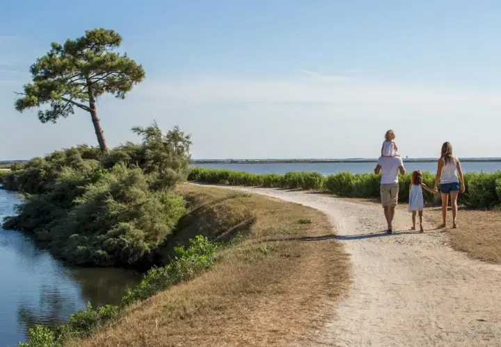 Une famille profite d'une randonnée à Arcachon, longeant un cours d'eau sous un ciel bleu.