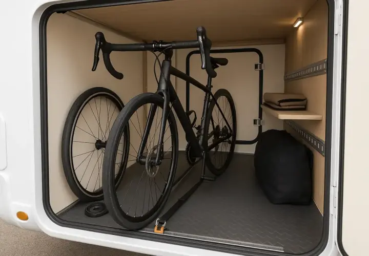 Comment fixer vélo dans soute camping car : un vélo noir est attaché au sol avec des sangles dans la soute d'un camping-car. Une roue est détachée.