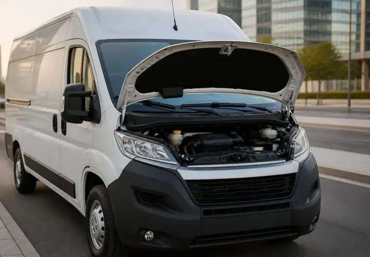 Un Fiat Ducato 2.2 Multijet 140 CV avec le capot ouvert, révélant son moteur. Avis sur ce véhicule utilitaire.