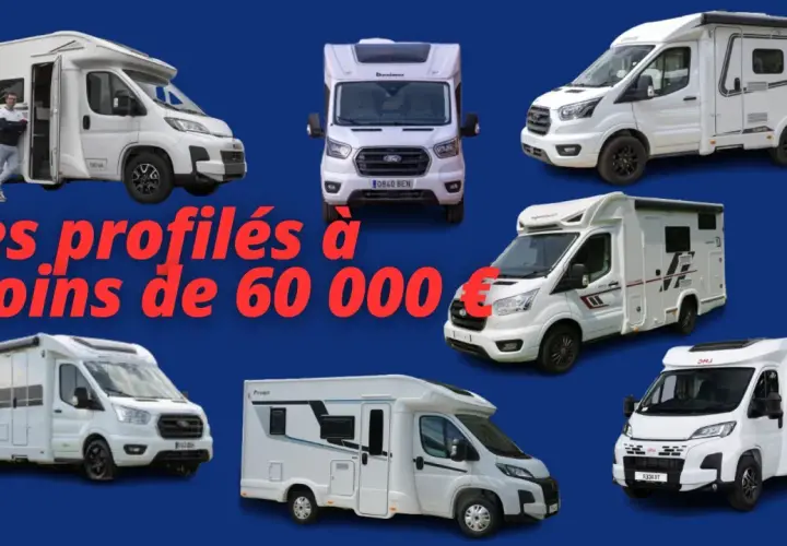 Aperçu du marché du camping-car : plusieurs profilés blancs, certains avec des hommes, sont présentés. Idéal pour trouver votre prochaine aventure !
