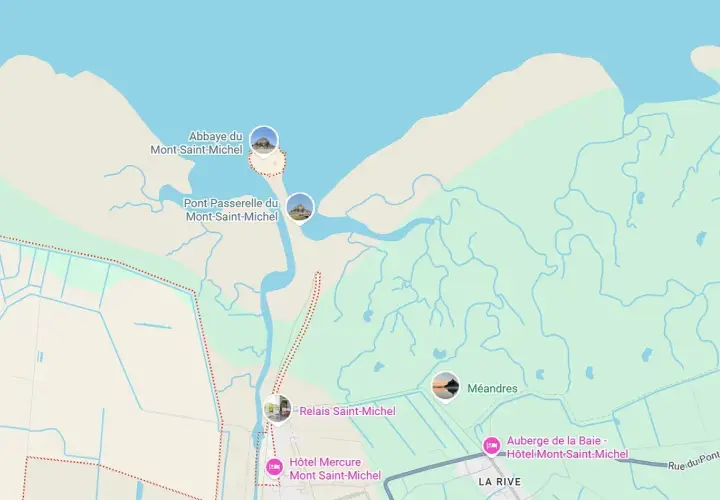 Carte de la région de Dinard et du Mont Saint-Michel, montrant l'abbaye, la passerelle, des hôtels et des méandres.