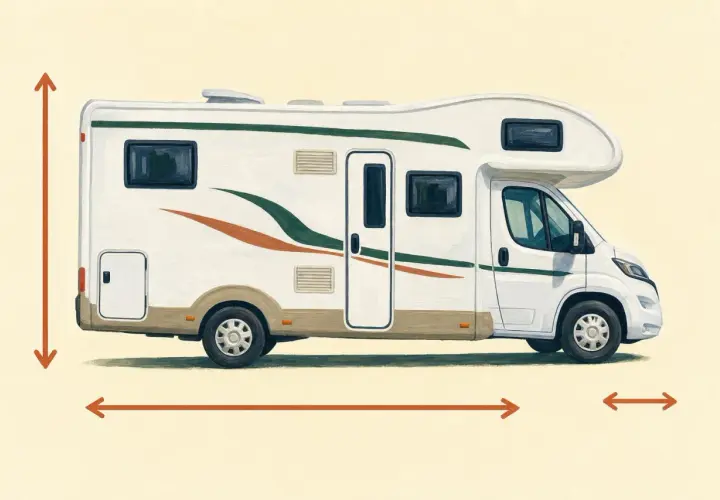 Illustration d'un camping-car blanc avec des bandes vertes et orange. Des flèches indiquent la hauteur et la largeur d'un camping car.