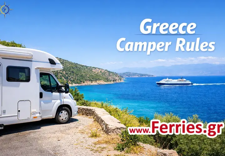 Un camping-car blanc stationné au bord d'une mer bleue éclatante, avec un ferry en arrière-plan. L'aventure de la Grèce en camping-car commence ici.