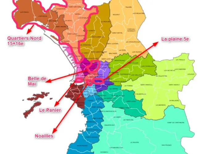 Carte des quartiers de Marseille. Idéal pour savoir que faire autour de Marseille, du Panier à la Plaine 5e, en passant par les Quartiers Nord.