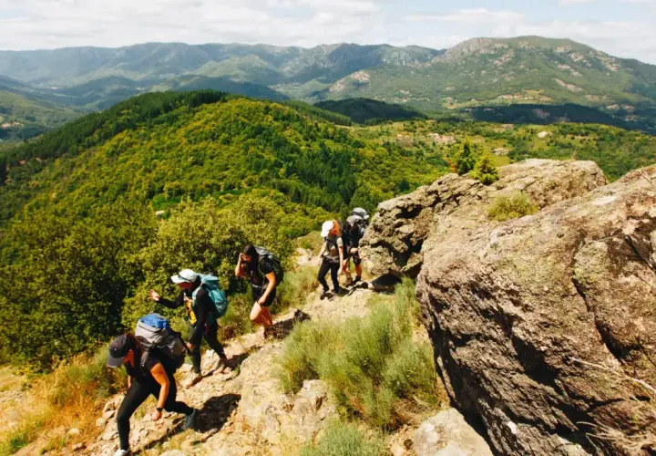 Groupe de randonneurs en Ardèche, profitant d'une randonnée de 5 jours à travers des paysages montagneux verdoyants.