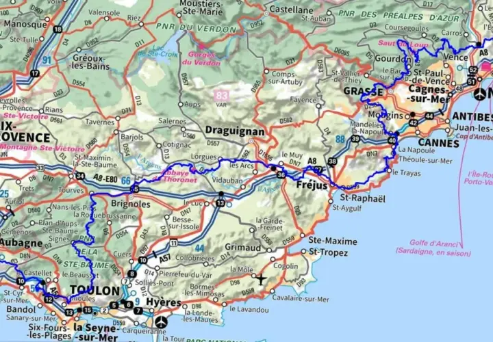 Carte de la région PACA, avec les routes et villes principales comme Aix-en-Provence, Nice, Cannes, Toulon. La gr 51 est visible.