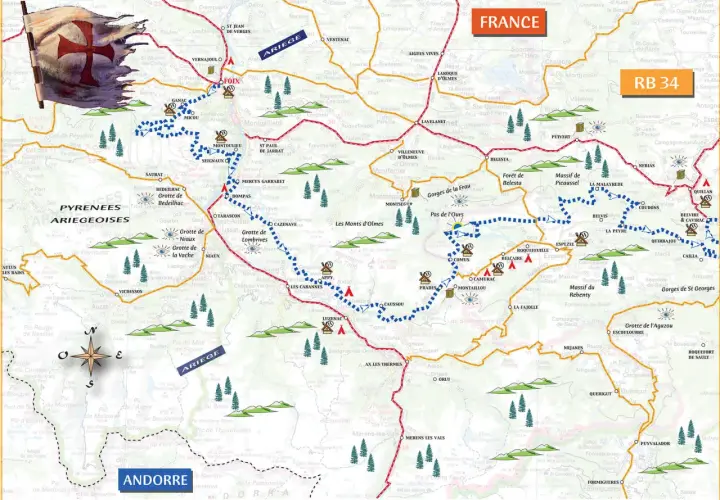 Carte des Pyrénées ariégeoises et des châteaux cathares, avec un drapeau historique et des sentiers de randonnée.