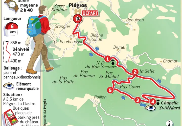 Carte d'une randonnée de 6 km près de Piégros, menant à la Chapelle Saint-Médard. Durée estimée 2h40.