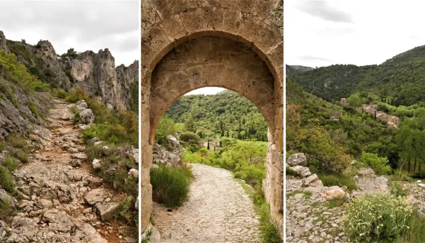 Sentier rocailleux menant à un village pittoresque, idéal pour une rando à Saint-Guilhem-le-Désert.